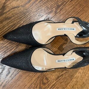 Manolo Blahnik Carolyne Black Glitter Pointed Toe Slingback Heels